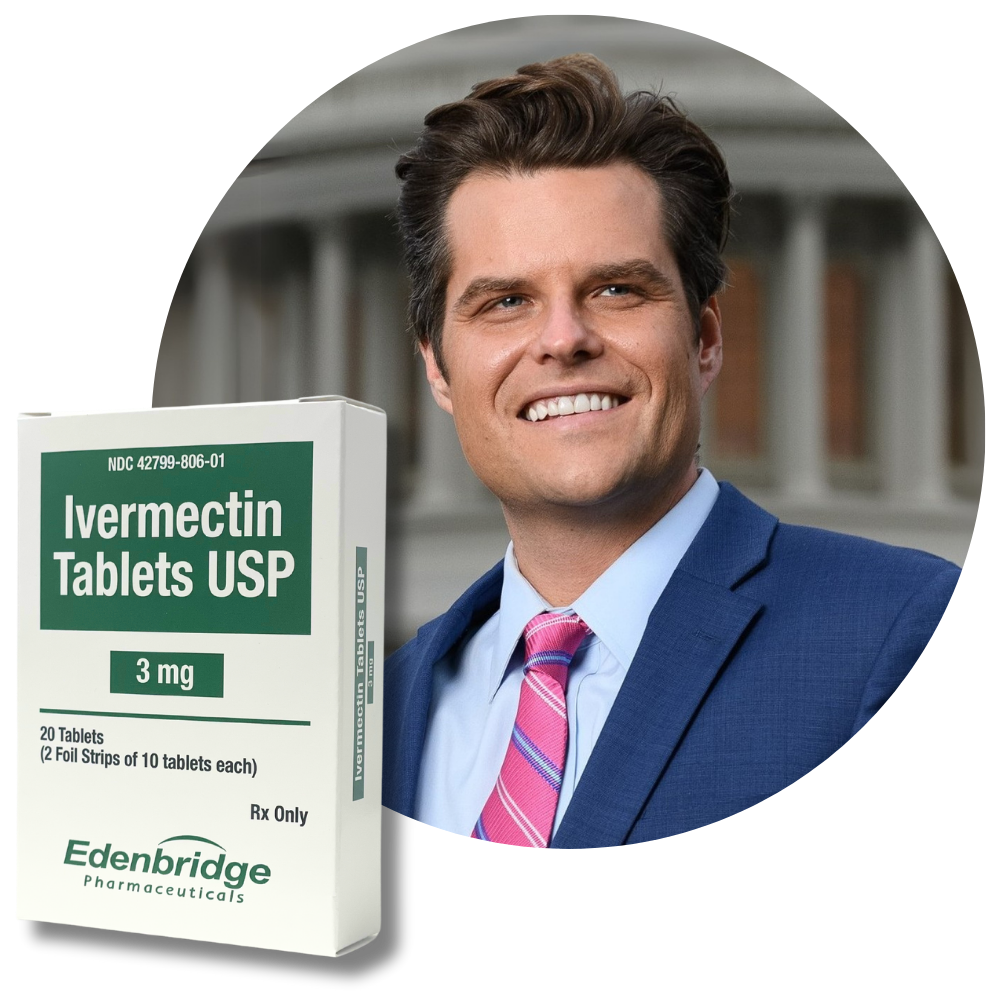 A man in suit and tie next to an image of ivermectin tablets usp.