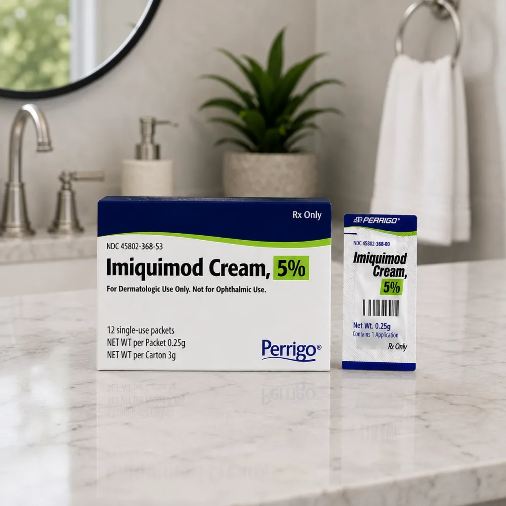 Perrigo Imiquimod Cream 5% prescription carton and single-use 0.25g packet standing on a marble bathroom countertop.