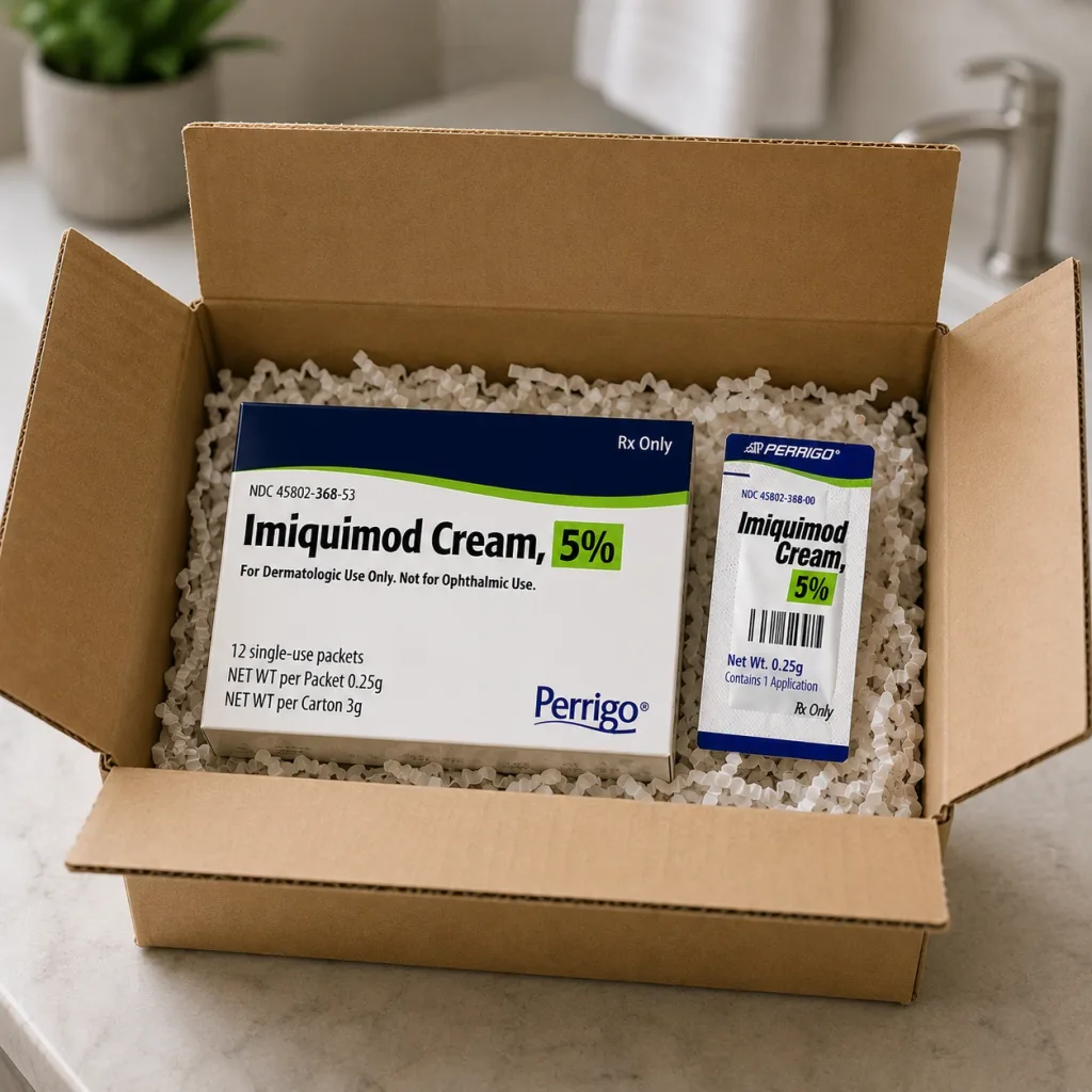 Open cardboard shipping box containing a Perrigo Imiquimod Cream 5% carton and single-use packet nestled in protective packing material.
