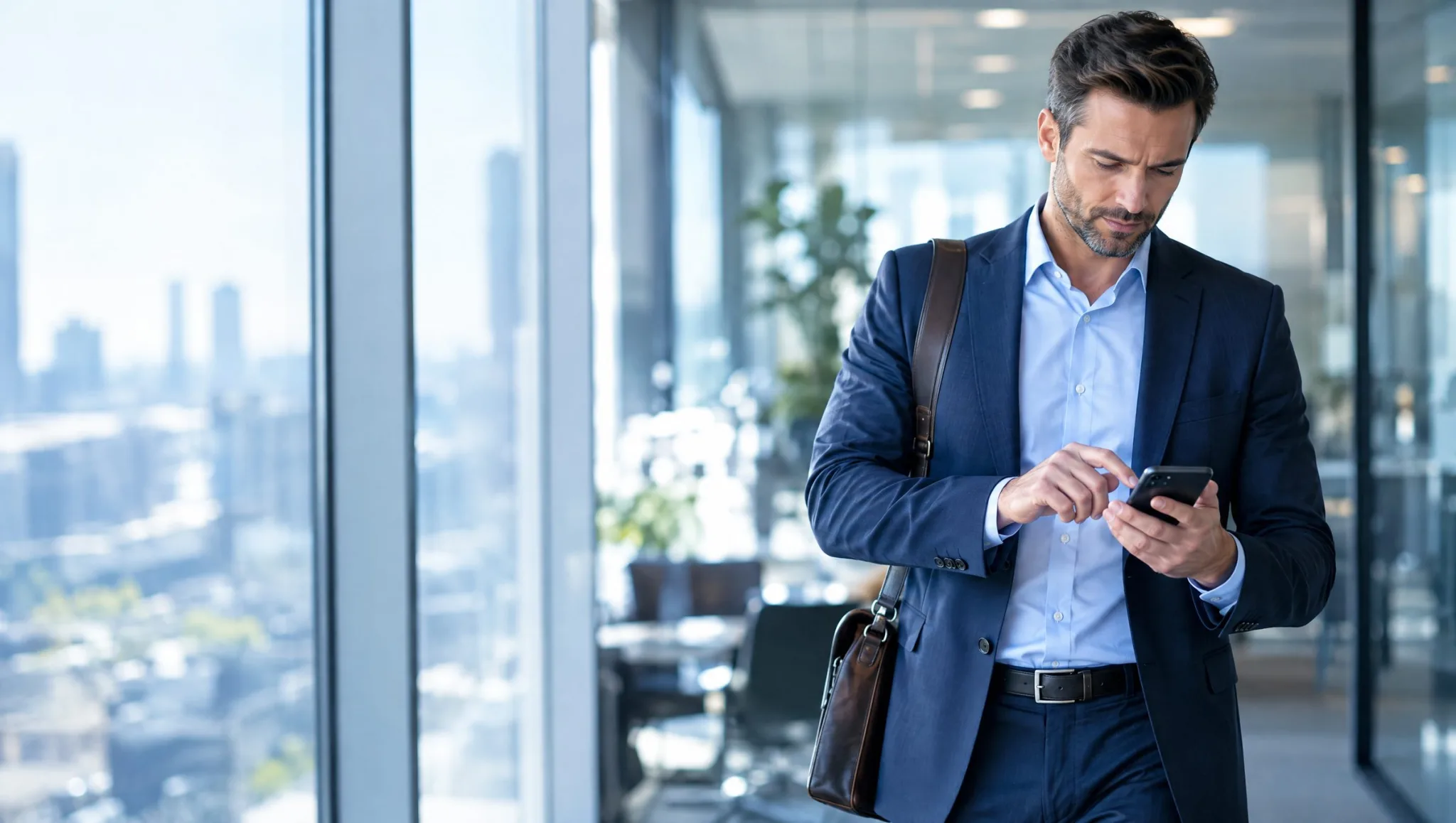 Businessman by an office window quickly ordering medications on his phone between meetings