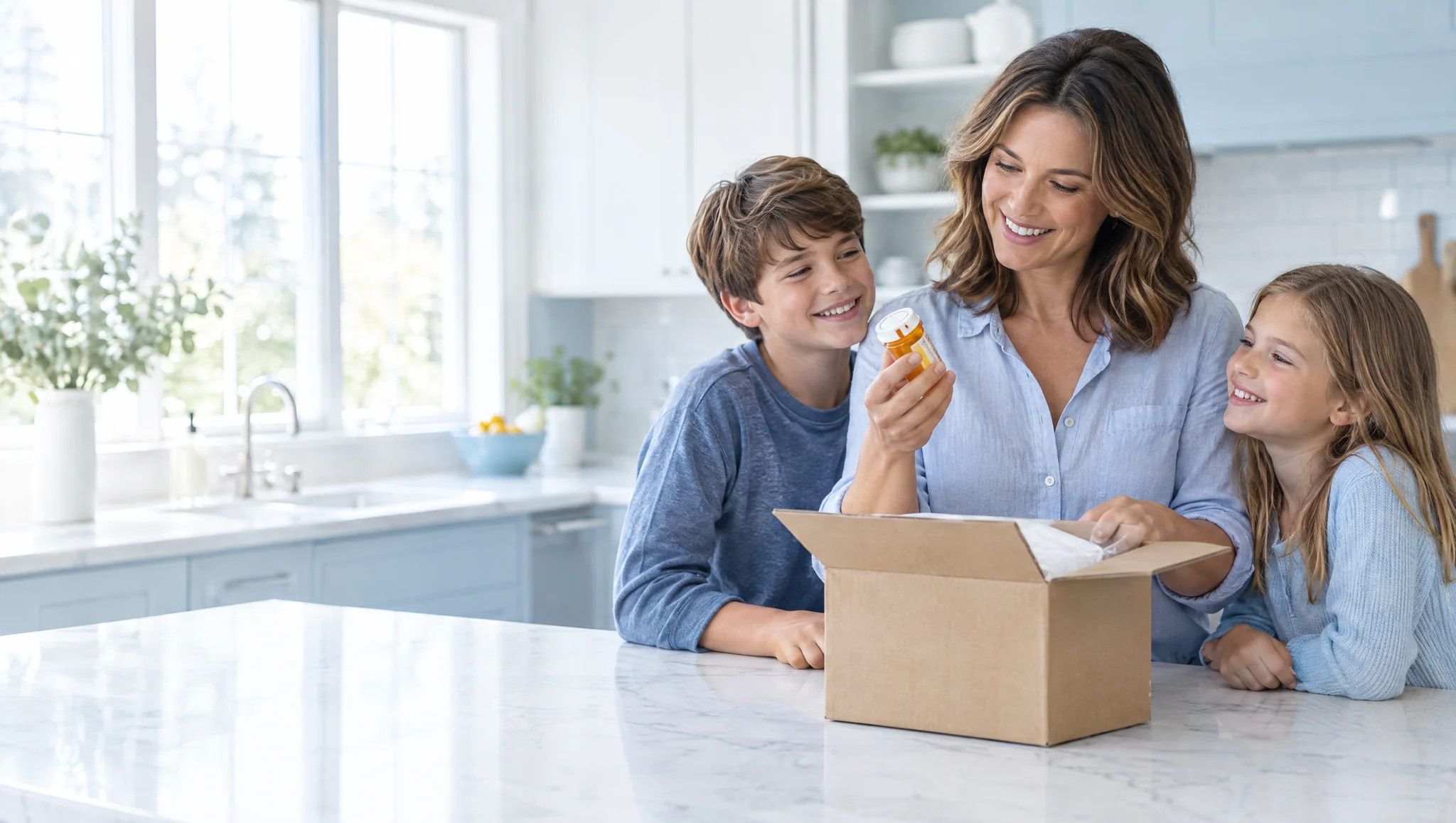 Mother opening a delivered box and holding up an orange prescription vial while her two kids smile beside her