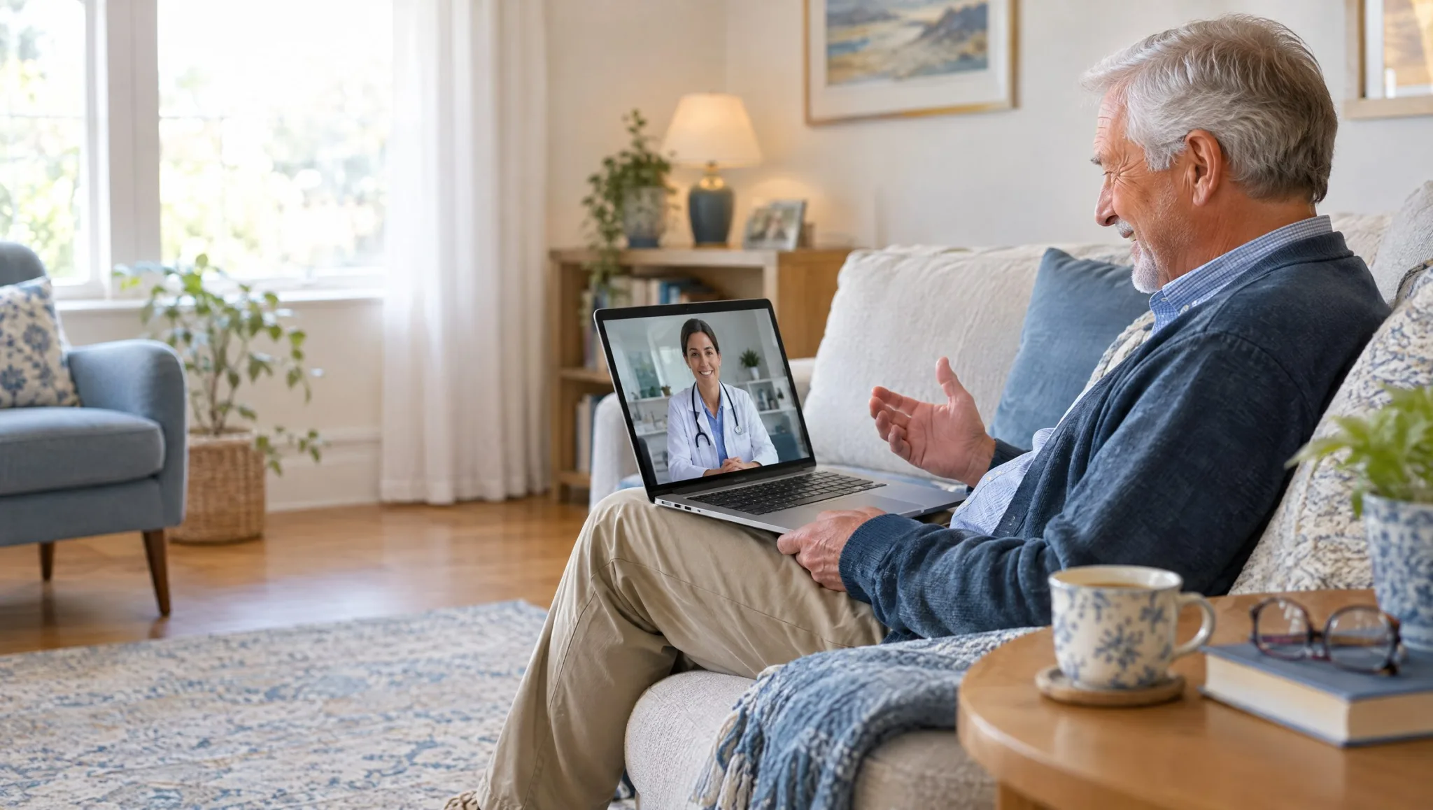 Older man on his living room sofa smiling during a telehealth video visit with a doctor on his laptop