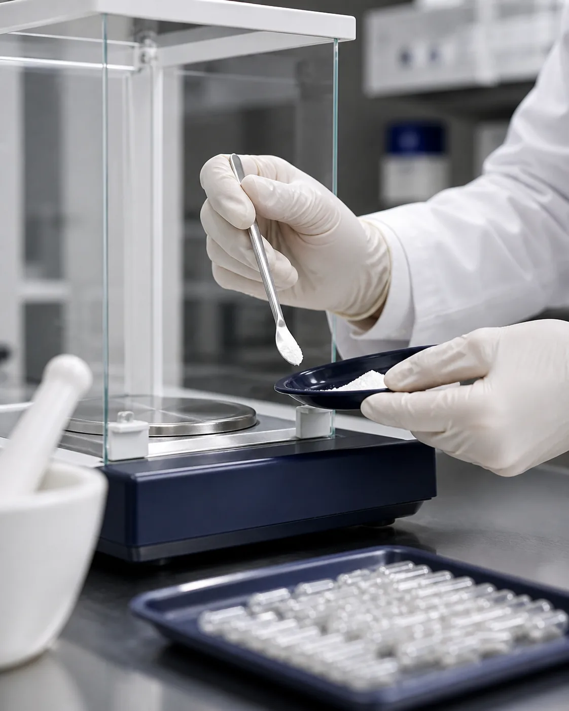 Compounding pharmacist preparing custom-strength mebendazole capsules in a sterile laboratory